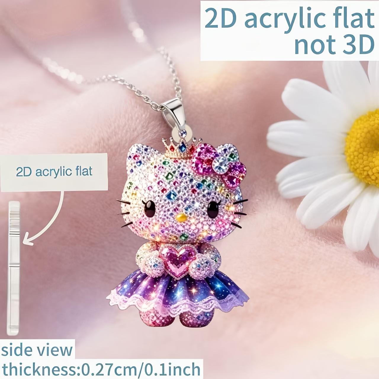 Women's 2D Acrylic Kitty Holding a Heart Pendant Necklace, Gift for Her